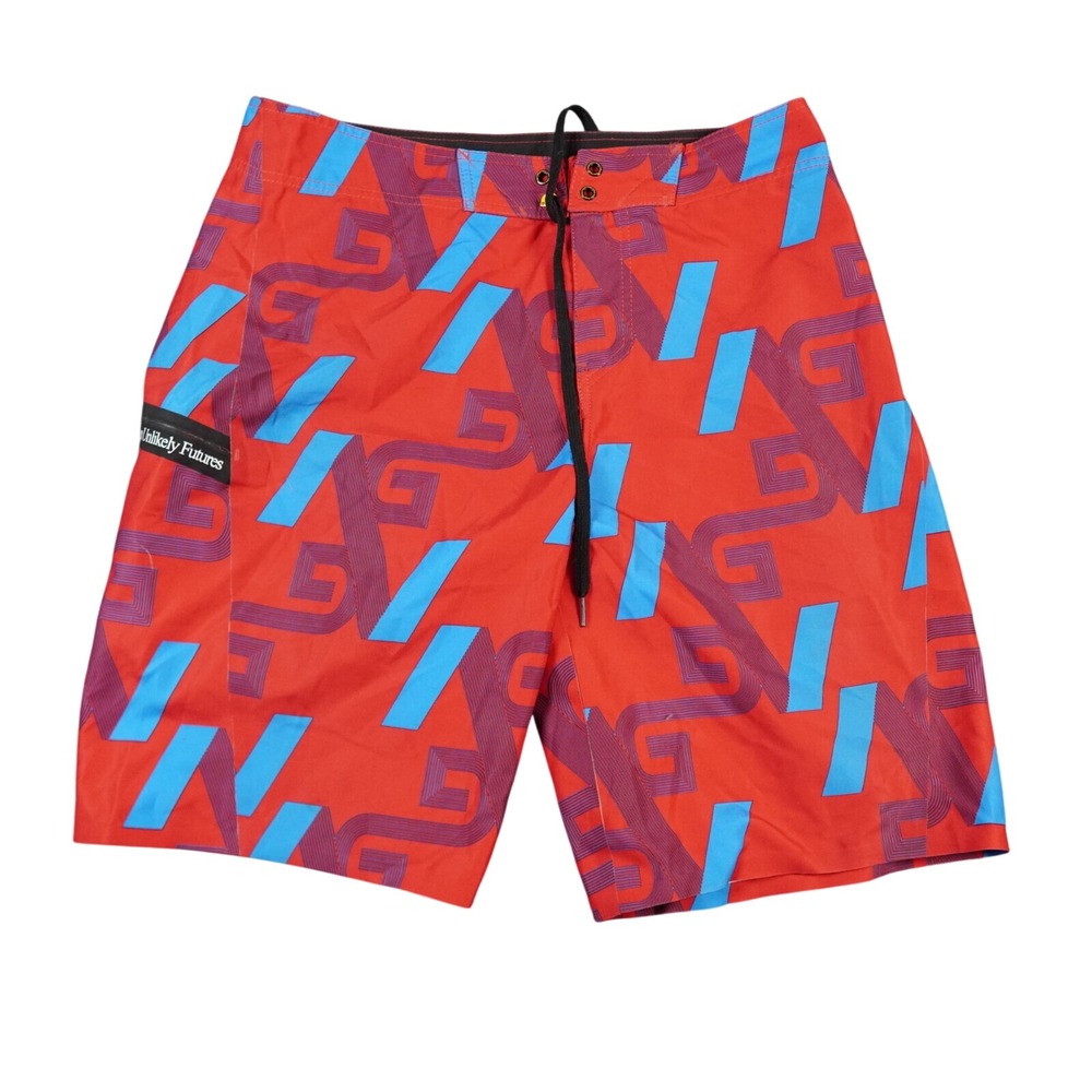 Analog Board Shorts Men Size 34 Red Blue Geometric Design Unlikely Futures Surf